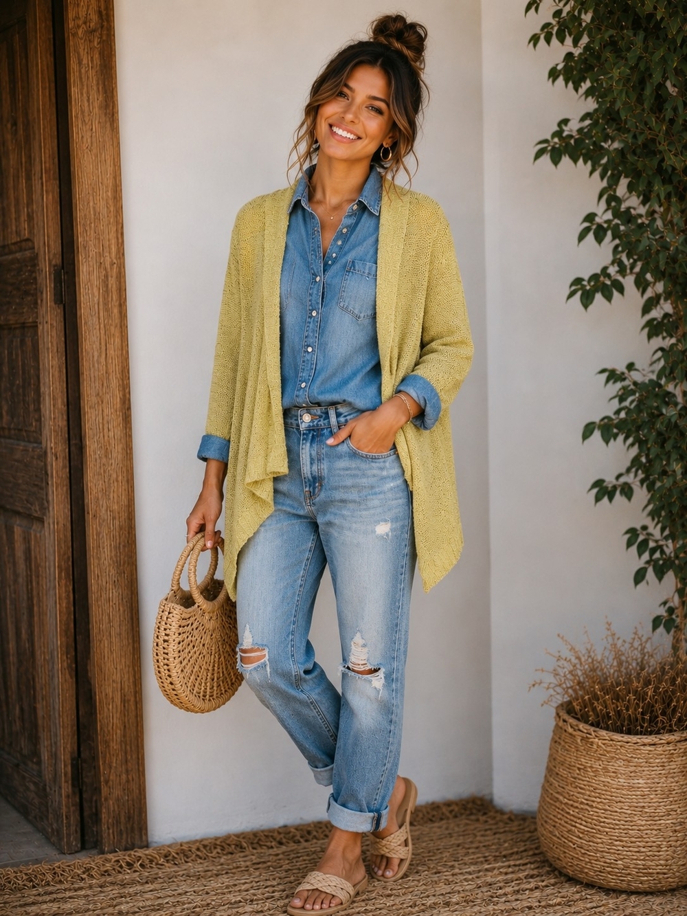 Eileen Fisher Mustard Yellow Linen Knit Open Front Cardigan Sweater